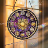 Zodiac Sun Stained Glass Suncatcher, Round Astrology Constellation Window Panel, Celestial Horoscope Home Decor Gift